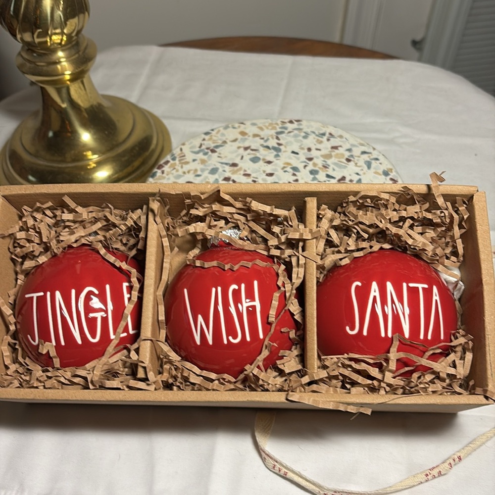 Rae Dunn set of red ceramic Christmas ornaments